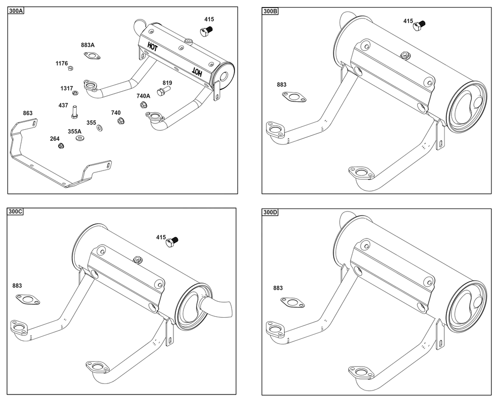 Implement Mounted Above Deck Mufflers Diagram and Parts List for 40,44&49  Briggs and Stratton Engine
